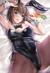 Rule 34 | 1girl, animal ears, aqua eyes, arm up, armpits, black leotard, black pantyhose, blush, bow, bowtie, braid, breasts, brown hair, carrot, charlotte corday (fate), cleavage, commentary, detached collar, fake animal ears, fate/grand order, fate (series), giraffe (ilconte), highleg, highleg leotard, holding, holding carrot, large breasts, leotard, looking at viewer, lying, medium hair, on back, open mouth, pantyhose, playboy bunny, rabbit ears, solo, wrist cuffs