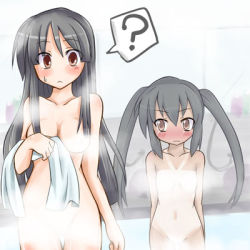 Rule 34 | 00s, 2girls, ?, akiyama mio, altorealize, arms behind back, black hair, blush, breast awe, breasts, brown eyes, censored, censored nipples, closed mouth, convenient censoring, flat chest, holding, holding towel, k-on!, long hair, looking at breasts, lowres, medium breasts, multiple girls, nakano azusa, navel, no nose, nude, one-piece tan, standing, steam, steam censor, sweatdrop, tan, tanline, towel, twintails, water, yuri