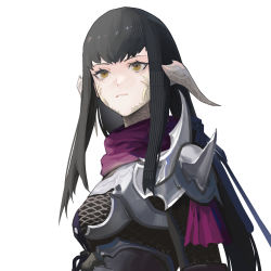 Rule 34 | 1girl, armor, au ra, black hair, blue ribbon, closed mouth, commentary, final fantasy, final fantasy xiv, hair ribbon, highres, horns, long hair, purple scarf, ribbon, rocher-hd, scales, scarf, shoulder spikes, simple background, solo, spikes, upper body, white background, yellow eyes, yugiri mistwalker