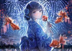 Rule 34 | 1girl, aerial fireworks, blue eyes, blue flower, blue hair, blue kimono, blunt bangs, candy, candy apple, city, closed mouth, commentary request, fireworks, fish, flower, food, hair bun, hair flower, hair ornament, highres, holding, holding candy, holding food, japanese clothes, kimono, koi, looking at viewer, looking back, obi, original, print kimono, sakura (39ra), sash, single hair bun, smile, solo, solo focus, upper body, wide sleeves
