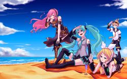 Rule 34 | 1boy, 3girls, aqua eyes, aqua hair, beach, belt, blonde hair, boots, cloud, cross-laced footwear, day, detached sleeves, drinking straw, eyewear on head, feet up, hair ornament, hair ribbon, hairclip, hand in pocket, hatsune miku, headphones, high heel boots, high heels, highres, kagamine len, kagamine rin, knee boots, lace-up boots, long hair, lying, megurine luka, multiple girls, necktie, ocean, on stomach, open mouth, outdoors, pink hair, renyu1012, ribbon, shorts, sitting, skirt, sky, sunglasses, thigh boots, thighhighs, twintails, very long hair, vocaloid