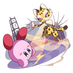 Rule 34 | 1girl, animal ears, animal hands, battle, blush stickers, clawroline, claws, colored sclera, eyelashes, eyeshadow, furry, furry female, highres, kirby, kirby (series), kirby and the forgotten land, leopard ears, leopard tail, makeup, nintendo, poyo party, solid oval eyes, stage lights, tail, yellow sclera