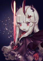Rule 34 | 1girl, absurdres, colored skin, evil (okame nin), fewer digits, hair ornament, hairclip, highres, holding, holding sword, holding weapon, horns, long hair, looking at viewer, okame nin, open mouth, original, red eyes, solo, sword, weapon, white hair, white skin