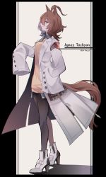 Rule 34 | 1girl, agnes tachyon (umamusume), ahoge, animal ears, black necktie, black pantyhose, black shirt, boots, brown hair, character name, coat, commentary request, high heel boots, high heels, highres, horse ears, horse girl, horse tail, lab coat, looking at viewer, looking to the side, necktie, pantyhose, red eyes, shadow, shirin (tsukimiyagura), shirt, short hair, sleeves past wrists, smile, solo, sweater, tail, test tube, twitter username, umamusume, white coat, white footwear, yellow sweater