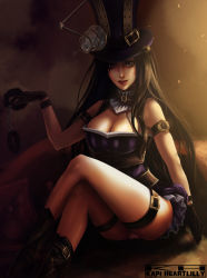 Rule 34 | 1girl, absurdres, artist name, black gloves, black hair, boots, breasts, caitlyn (league of legends), choker, cleavage, crossed legs, cuffs, dress, gloves, handcuffs, hat, highres, kapiheartlilly, large breasts, league of legends, no bra, panties, purple eyes, smile, solo, thigh strap, underwear