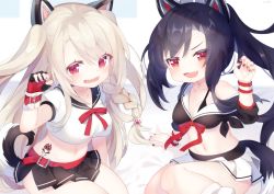 Rule 34 | 2girls, :d, animal ears, arm support, azur lane, bare shoulders, bed sheet, belt, belt buckle, black hair, black skirt, blue nails, blush, bow, braid, breasts, buckle, cleavage, collarbone, commentary request, crop top, crop top overhang, fang, fingerless gloves, fingernails, gloves, hair between eyes, hair ornament, hand up, headgear, high ponytail, kokone (coconeeeco), large breasts, light brown hair, long hair, midriff, multicolored nails, multiple girls, nail art, nail polish, navel, off shoulder, open mouth, pleated skirt, ponytail, puffy short sleeves, puffy sleeves, purple nails, red belt, red bow, red eyes, red gloves, red nails, shigure (azur lane), shirt, short eyebrows, short sleeves, side braid, signature, single braid, skirt, smile, tail, tattoo, thick eyebrows, two side up, very long hair, white shirt, white skirt, wolf ears, wolf girl, wolf tail, yellow nails, yuudachi (azur lane)
