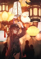 Rule 34 | 1girl, absurdres, black nails, black shorts, brown hair, chinese clothes, flower, flower-shaped pupils, genshin impact, ghost, hat, hat flower, highres, hu tao (genshin impact), jeanbeansprout, lantern, long hair, long sleeves, porkpie hat, red eyes, shorts, smile, symbol-shaped pupils, twintails