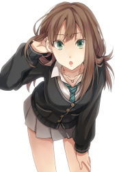 Rule 34 | 10s, 1girl, bad id, bad nicoseiga id, brown hair, cardigan, collarbone, earrings, female focus, tucking hair, hand on leg, idolmaster, idolmaster cinderella girls, jewelry, leaning forward, long hair, looking at viewer, necklace, necktie, open mouth, pleated skirt, puchi (nicovideo3971472), school uniform, shibuya rin, simple background, skirt, solo, white background