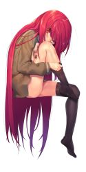 Rule 34 | 1girl, absurdres, black thighhighs, blush, brown cardigan, brown sailor collar, cardigan, charm (object), commentary request, from side, full body, highres, invisible chair, knee up, long hair, long sleeves, looking at viewer, looking to the side, ohlia, red eyes, red hair, sailor collar, shakugan no shana, shana, simple background, sitting, solo, thighhighs, thighs, undressing, very long hair, white background