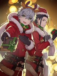 Rule 34 | 2boys, alternate costume, ashe ubert, black hair, book, candy, candy cane, felix hugo fraldarius, felix hugo fraldarius (winter), fire emblem, fire emblem: three houses, fire emblem heroes, food, fur-trimmed jacket, fur trim, gift, giving, green eyes, grey hair, hand on own chest, hat, highres, holding, holding book, holding gift, holding sack, hood, hooded jacket, jacket, juria0801, looking at viewer, male focus, multiple boys, nintendo, official alternate costume, open mouth, sack, santa costume, santa hat, smile, sparkle, twitter username