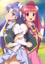 Rule 34 | 10s, 2girls, aino megumi, blush, bow, brooch, cure fortune, cure lovely, earrings, hair ornament, happinesscharge precure!, heart, heart brooch, heart earrings, heart hair ornament, hikawa iona, jewelry, long hair, looking at viewer, magical girl, multiple girls, niizuka (c-drop), open mouth, pink bow, pink eyes, pink hair, ponytail, precure, purple eyes, purple hair, skirt, star (symbol), star earrings, wide ponytail