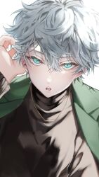 Rule 34 | 1boy, aqua eyes, brown shirt, chain, chain necklace, ensemble stars!, gold necklace, green jacket, grey hair, hand in own hair, highres, jacket, jewelry, looking at viewer, male focus, necklace, open mouth, sena izumi (ensemble stars!), shirt, short hair, solo, suteppu212, teeth, turtleneck, white background