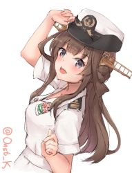 Rule 34 | 1girl, alternate costume, brown hair, double bun, epaulettes, female service cap, grey eyes, headgear, highres, japan maritime self-defense force, japan self-defense force, k jie, kantai collection, kongou (kancolle), long hair, looking at viewer, military, military uniform, simple background, smile, solo, twitter username, uniform, upper body, white background, white headwear