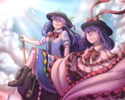 Rule 34 | 2girls, blue hair, boots, bow, bowtie, capelet, cloud, cross-laced footwear, day, expressionless, food, frills, fruit, hat, hat ribbon, hinanawi tenshi, crossed legs, long hair, looking away, looking up, md5 mismatch, mefomefo, multiple girls, nagae iku, neck ribbon, outstretched arms, peach, purple hair, ribbon, rock, shawl, sitting, sky, smile, spread arms, sunlight, sword of hisou, touhou