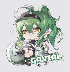 Rule 34 | 1girl, arknights, black footwear, character name, chibi, chinese commentary, closed mouth, commentary request, crocodilian tail, crossed legs, cup, drink, drinking glass, unworn eyewear, fang, fang out, food, fruit, full body, gavial (arknights), green hair, grey background, hair between eyes, holding, holding cup, holding drink, holding removed eyewear, jacket, lime (fruit), lime slice, long hair, looking at viewer, official alternate costume, pointy ears, ponytail, simple background, sitting, smile, solo, sparkle, sunglasses, swimsuit, tail, visor cap, white jacket, yellow eyes, yusa (yusa0751)