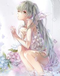 1girl bad_id bad_pixiv_id female_focus flower green_eyes green_hair hatsune_miku hydrangea long_hair matching_hair/eyes sitting solo tukino_(panna) vocaloid wings