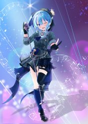 Rule 34 | 1girl, ;d, absurdres, ankle boots, ascot, asymmetrical legwear, belt, beret, black footwear, black gloves, black socks, blue ascot, blue belt, blue bow, blue choker, blue eyes, blue hair, blue ribbon, blue socks, blush, boots, bow, bow skirt, buttons, choker, crown, double-breasted, earrings, fold-over boots, full body, gloves, grey hat, grey jacket, grey skirt, hair between eyes, hair ribbon, hat, highres, holding, holding microphone, holding microphone stand, hololive, hoshimachi suisei, hoshimachi suisei (1st costume), huge filesize, jacket, jewelry, knee up, kneehighs, leg up, long sleeves, looking at viewer, lukas reule, medium hair, microphone, microphone stand, miniskirt, mismatched legwear, musical note, one eye closed, open mouth, partially fingerless gloves, pendant, plaid, plaid headwear, plaid jacket, plaid skirt, ribbon, side ponytail, sidelocks, single kneehigh, single sock, single thighhigh, skirt, skirt set, smile, socks, solo, standing, standing on one leg, star (symbol), star earrings, thigh strap, thighhighs, uneven legwear, v, virtual youtuber
