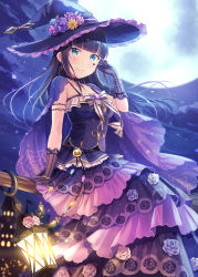 Rule 34 | 1girl, aqua eyes, black hair, blunt bangs, bow, breasts, broom, broom riding, cape, closed mouth, commentary, dress, facial tattoo, flower, gloves, hand up, hat, hat flower, heart, heart tattoo, kurosawa dia, lantern, layered dress, long dress, long hair, looking at viewer, love live!, love live! school idol festival, love live! sunshine!!, medium breasts, mole, mole under mouth, moon, moonlight, night, official alternate costume, outdoors, purple cape, purple dress, purple gloves, purple hat, sakou mochi, sitting sideways, sleeveless, sleeveless dress, smile, solo, spaghetti strap, star (sky), striped clothes, striped gloves, tattoo, vertical-striped clothes, vertical-striped gloves, white bow, witch hat
