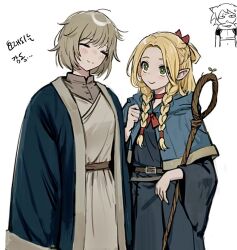 Rule 34 | 3girls, belt, blonde hair, blue capelet, blue jacket, blue robe, bob cut, braid, capelet, chibi, chibi inset, choker, closed eyes, cowboy shot, dungeon meshi, elf, falin touden, french braid, green eyes, grey hair, grey robe, grey shirt, half updo, head tilt, height difference, holding, holding staff, hood, hood down, hooded capelet, izutsumi, jacket, jangwa o, korean commentary, korean text, long hair, long sleeves, looking at another, marcille donato, messy hair, multiple braids, multiple girls, parted bangs, partially colored, pointy ears, robe, shirt, shirt under dress, short hair, side-by-side, side braid, smile, sprout, staff, standing, sweat, white background