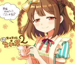 Rule 34 | 1girl, apron, blue dress, blush, braid, brown eyes, brown hair, closed mouth, cup, dress, ehon chioka, ensemble girls!, half updo, holding, holding cup, kumasawa himeno, looking at viewer, multicolored background, multicolored clothes, multicolored dress, orange background, smile, solo, teacup, translation request, twin braids, white apron, white dress, yellow background