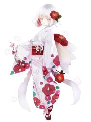 Rule 34 | 1girl, blunt bangs, bug, butterfly, camellia, colored inner hair, dairoku ryouhei, floral print, flower, full body, hair flower, hair ornament, insect, japanese clothes, kagari tsubaki, kimono, looking at viewer, multicolored hair, obi, red hair, red nails, rittz tw, sandals, sash, short hair, standing, white butterfly, white hair, wide sleeves, wind chime, yellow eyes