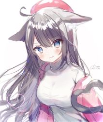 Rule 34 | 1girl, :q, ahoge, animal ears, bad id, bad pixiv id, beret, black hair, blue eyes, blush, breasts, cat ears, cat girl, cat tail, commentary request, dated, hair between eyes, hat, heart, heart tail, highres, jacket, long hair, looking at viewer, medium breasts, open clothes, open jacket, original, pink hat, pink jacket, rucaco, signature, simple background, solo, straight hair, sweater, tail, tongue, tongue out, upper body, v-shaped eyebrows, very long hair, wavy mouth, white background, white sweater