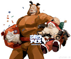Rule 34 | 2boys, absurdres, animal costume, animal print, animalization, antlers, bamashengze, bara, carrying, carrying person, cat print, character request, cowboy shot, dwarf, facial hair, happy, hat, highres, horns, large pectorals, male focus, mature male, multiple boys, muscular, muscular male, mustache, old, old man, overwatch, overwatch 1, pectorals, reindeer antlers, reindeer costume, reinhardt (overwatch), santa costume, santa hat, scar, scar across eye, short hair, size difference, smile, strongman waist, thick eyebrows, white hair