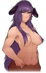 Rule 34 | 1girl, abs, areola slip, breasts, collarbone, curved horns, demon, demon girl, demon horns, doom (series), hair censor, hair over breasts, hdoom, hell knight, horns, large breasts, long hair, monster, monster girl, muscular, muscular female, non-web source, personification, purple hair, segmented horns, small areolae, small nipples, solo, topless, transparent background, very long hair, yellow eyes