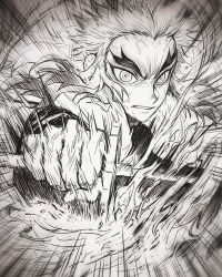 Rule 34 | 1boy, angry, clenched teeth, demon slayer uniform, emphasis lines, fire, forked eyebrows, greyscale, holding, holding sword, holding weapon, katana, kimetsu no yaiba, long sleeves, looking at viewer, male focus, monochrome, multicolored hair, noodleseokggi, outstretched arm, reaching, reaching towards viewer, rengoku kyoujurou, ringed eyes, solo, streaked hair, sword, teeth, traditional media, unsheathed, upper body, weapon