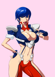 Rule 34 | 1girl, blue gloves, blue hair, breasts, carol youngfan, chaps, cleavage, cleavage cutout, clothing cutout, cowboy shot, fingerless gloves, gloves, gundam, gundam the battle master, hand on own hip, highleg, lipstick, looking at viewer, makeup, medium breasts, midriff, ml, navel, no panties, open mouth, pink background, pointing, red lips, revealing clothes, short hair, simple background, solo, standing, swept bangs