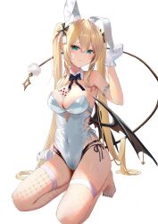 Rule 34 | 1girl, animal ears, arm strap, armpits, bare shoulders, between breasts, black panties, blonde hair, blue eyes, bow, bowtie, breasts, card, cleavage, closed mouth, clothing cutout, covered navel, demon tail, detached collar, fake animal ears, feet, fishnet thighhighs, fishnets, frown, gloves, hair ribbon, hand up, highleg, highleg leotard, highres, kneeling, legs, leotard, long hair, looking at viewer, medium breasts, no shoes, object on breast, omelet tomato, original, panties, playboy bunny, playing card, rabbit ears, ribbon, side-tie leotard, side-tie panties, side-tie peek, side cutout, simple background, solo, strapless, strapless leotard, string panties, sweat, tail, tail raised, thighhighs, thighs, toes, twintails, underwear, very long hair, wavy mouth, white background, white gloves, white leotard