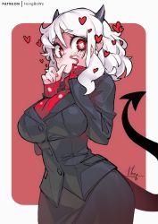 Rule 34 | 1girl, black horns, black jacket, black skirt, black tail, blazer, border, breasts, demon girl, demon tail, hand on own cheek, hand on own face, heart, heart-shaped pupils, helltaker, hong (white spider), horns, jacket, large breasts, long sleeves, looking at viewer, modeus (helltaker), nail polish, red background, red eyes, red nails, red sweater, ribbed sweater, short hair, signature, skirt, solo, sweater, symbol-shaped pupils, tail, thumb sucking, two-tone background, white background, white hair