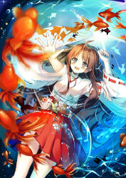 Rule 34 | 1girl, ahoge, blush, brown hair, female focus, fish, gradient background, happy, highres, japanese clothes, light rays, long hair, long sleeves, miko, okotoburi, open mouth, original, red skirt, skirt, smile, solo, sunbeam, sunlight, traditional clothes, water
