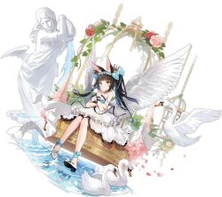 Rule 34 | 1girl, alisa (kuro no sakura), angel wings, animal, animal ear fluff, animal ears, azur lane, bare shoulders, bell, bird, birdcage, black hair, blue bow, blunt bangs, blush, bow, breasts, cage, closed mouth, collarbone, crossed arms, crown, dress, evening gown, feathered wings, flower, fountain, fox ears, frills, full body, hair bow, hair ornament, highres, knees together feet apart, long hair, looking at viewer, mini crown, nagato (azur lane), nagato (guardian fox&#039;s procession) (azur lane), official alternate costume, official art, petals, pink flower, pink rose, ribbon, rose, see-through silhouette, shoes, simple background, sitting, small breasts, smile, solo, statue, strapless, strapless dress, transparent background, twintails, water, white dress, white footwear, white wings, wings, yellow eyes