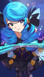 Rule 34 | 1girl, blue hair, blurry, depth of field, dress, drill hair, gloves, gwen (league of legends), highres, inuyama nanami, league of legends, long hair, multicolored eyes, pantyhose, purple pantyhose, ribbon, scissors, solo