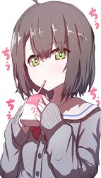 Rule 34 | 1girl, absurdres, ahoge, bad id, bad twitter id, blush, bow, brown hair, cardigan, carton, closed mouth, commentary request, drinking, drinking straw, green eyes, grey cardigan, hair between eyes, head tilt, highres, holding, long sleeves, original, red bow, sailor collar, school uniform, serafuku, simple background, sleeves past wrists, solo, upper body, wada kazu, white background, white sailor collar