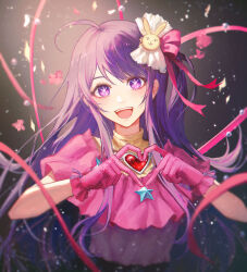 Rule 34 | 1girl, :d, ahoge, commentary, dress, frilled gloves, frills, gloves, hair ornament, hair ribbon, heart, heart hands, highres, hoshino ai (oshi no ko), idol, long hair, looking at viewer, open mouth, oshi no ko, pink dress, pink gloves, pink ribbon, purple eyes, purple hair, rabbit hair ornament, ribbon, smile, star-shaped pupils, star (symbol), symbol-shaped pupils, teeth, upper body, upper teeth only, zieru