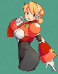 Rule 34 | 1girl, absurdres, alia (mega man), blonde hair, blue eyes, blush, breasts, gloves, green background, headset, highres, humanoid robot, large breasts, mega man (series), mega man x (series), open mouth, robot, robot ears, sho.t, short hair, simple background, smile, solo, white gloves