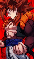 Rule 34 | 1boy, absurdres, aura, black vest, blue eyes, blue sash, brown fur, clenched hands, cowboy shot, cropped vest, dragon ball, dragon ball gt, from above, from side, gogeta, highres, long hair, looking at viewer, male focus, metamoran vest, monkey tail, muscular, muscular male, no shirt, pants, red background, red hair, sash, simple background, smirk, solo, spiked hair, super saiyan, super saiyan 4, tail, vest, white pants, yuuri (fukuroudou)