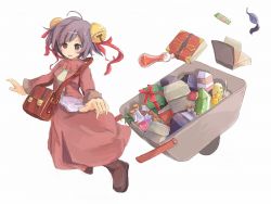 Rule 34 | 1girl, apple, bell, blush, book, boots, box, brown footwear, cheese, chewing gum, commentary request, crystal, food, fruit, full body, hair bell, hair ornament, jacket, jingle bell, leaf, long sleeves, looking at viewer, merchant (ragnarok online), milk carton, open clothes, open jacket, open mouth, pink jacket, pink skirt, potion, pullcart, purple eyes, purple hair, ragnarok online, red bag, shimada sarasara, short hair, simple background, skirt, solo, white background