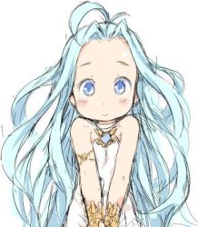 Rule 34 | 10s, 1girl, ahoge, armlet, bad id, bad twitter id, bare shoulders, blue eyes, blue hair, blush, bracer, dress, granblue fantasy, ham (points), inactive account, long hair, looking at viewer, lowres, lyria (granblue fantasy), matching hair/eyes, simple background, smile, solo, upper body, v arms, white background, white dress