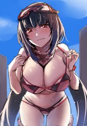 Rule 34 | 1girl, arm garter, bare shoulders, bikini, black hair, blush, breasts, cleavage, closed mouth, fate/grand order, fate (series), goggles, goggles on head, large breasts, long hair, looking at viewer, osakabehime (fate), osakabehime (swimsuit archer) (fate), osakabehime (swimsuit archer) (second ascension) (fate), pink bikini, pink scarf, red eyes, scarf, ski goggles, solo, swimsuit, tsuki tokage, twintails, very long hair