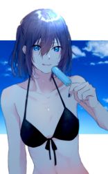 Rule 34 | 1girl, bikini, black bikini, blue nails, blue sky, breasts, brown eyes, brown hair, cloud, collarbone, day, food, food in mouth, hair between eyes, highres, holding, kantai collection, licking lips, looking at viewer, nail polish, outdoors, popsicle, rinto (rint rnt), sendai (kancolle), short hair, sky, small breasts, solo, swimsuit, tongue, tongue out, two side up, upper body