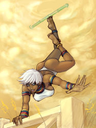 Rule 34 | 1girl, ahoge, andrew mcworther, anklet, aqua nails, armlet, ass, balancing, barefoot, bikini, blue eyes, blue hair, blue nails, bracelet, breasts, capcom, capoeira, cleavage, cloud, dark-skinned female, dark skin, deviantart, earrings, elena (street fighter), feet, fingernails, flexible, handstand, hip focus, holding with feet, jewelry, kicking, large breasts, legs, lips, lots of jewelry, matching hair/eyes, motion blur, nail, nail polish, navel, neck ring, one arm handstand, open mouth, short hair, sideboob, simple background, sky, smile, soles, solo, standing, standing on one leg, street fighter, street fighter iii (series), swimsuit, thighs, thong, toenail polish, toenails, toes, upside-down, white bikini, white hair