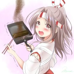 Rule 34 | 1girl, apron, bad id, bad twitter id, blush, brown eyes, brown hair, crying, crying with eyes open, food, headband, highres, japanese clothes, kantai collection, kimono, long hair, looking at viewer, mero oon, one-hour drawing challenge, open mouth, ponytail, short sleeves, smoke, solo, tears, twitter username, zuihou (kancolle)