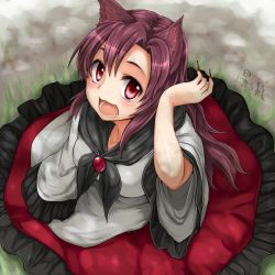 Rule 34 | 1girl, animal ears, brooch, brown hair, fangs, from above, imaizumi kagerou, jewelry, long hair, monrooru, nail polish, open mouth, red eyes, red nails, solo, touhou, wolf ears