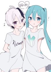 Rule 34 | !, 2girls, ahoge, aqua eyes, aqua hair, arms behind back, artist logo, black hair, character name, clothes writing, collarbone, commentary, cowboy shot, eighth note, flower (vocaloid), flower (vocaloid4), giryu, hatsune miku, heart, highres, light blush, long hair, looking at viewer, multicolored hair, multiple girls, musical note, open mouth, purple eyes, shirt, short hair, short sleeves, smile, spring onion print, streaked hair, translated, twintails, two-tone hair, very long hair, vocaloid, white background, white hair, white shirt