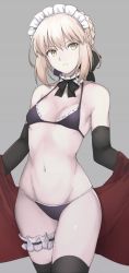Rule 34 | 1girl, artoria pendragon (alter swimsuit rider) (fate), artoria pendragon (alter swimsuit rider) (second ascension) (fate), artoria pendragon (fate), bad id, bad twitter id, bare shoulders, bikini, black bikini, black bow, black gloves, black thighhighs, blonde hair, bow, braid, breasts, bridal garter, choker, closed mouth, cowboy shot, elbow gloves, fate/grand order, fate (series), frilled choker, frills, frown, gloves, grey background, groin, hair bow, halterneck, looking at viewer, maid headdress, mobu, navel, short hair, simple background, small breasts, solo, standing, swimsuit, thighhighs, v-shaped eyebrows, yellow eyes