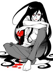 Rule 34 | 1girl, adventure time, apple, food, fruit, greyscale, loose clothes, marceline abadeer, monochrome, red eyes, red lips, revealing clothes, sitting, smile, solo, spot color, tank top, yukiyanagi