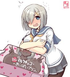 Rule 34 | 1girl, admiral (kancolle), alternate costume, artist logo, ascot, black pantyhose, blue eyes, box, breasts, chocolate, cowboy shot, dated, embarrassed, gloves, hair ornament, hair over one eye, hairclip, hamakaze (kancolle), highres, kanon (kurogane knights), kantai collection, large breasts, neckerchief, out of frame, pantyhose, pleated skirt, sailor collar, school uniform, serafuku, short hair, short sleeves, signature, simple background, skirt, white background, white gloves, white hair, yellow neckwear